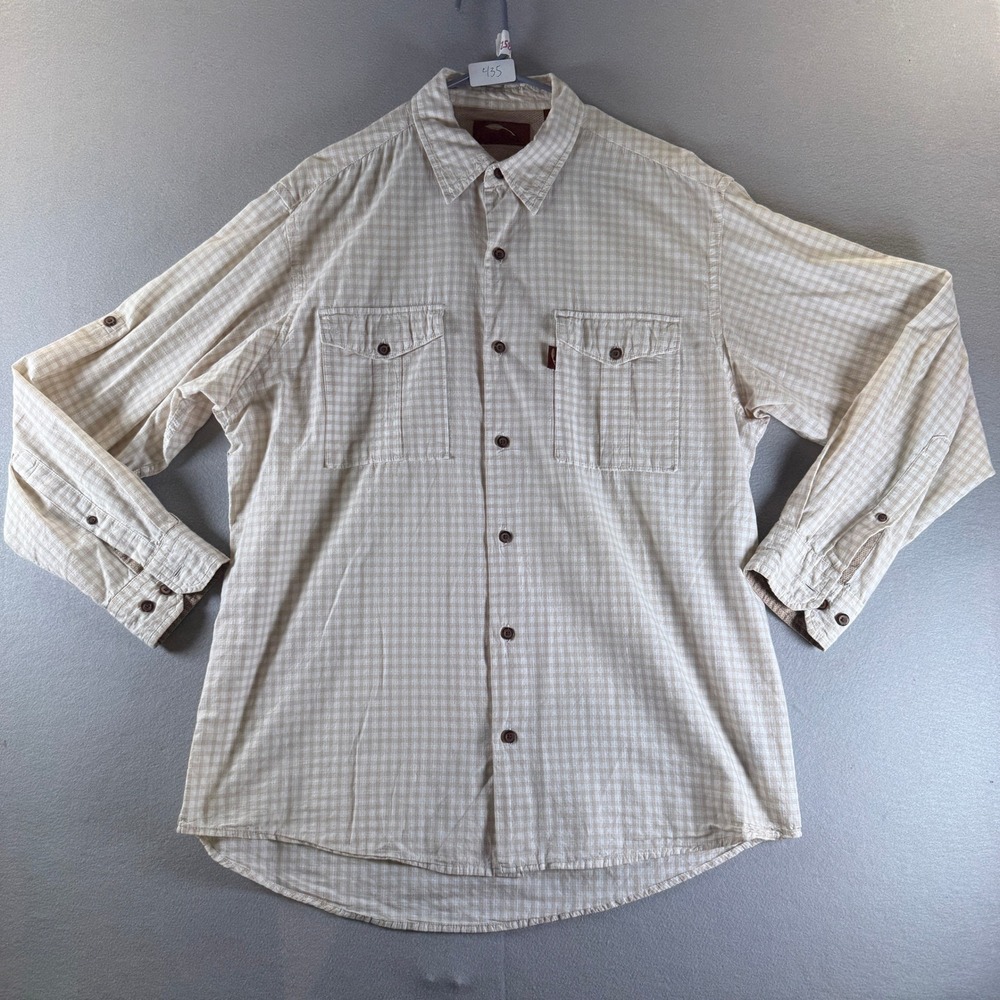 Bob Timberlake Mens Large Tan Gingham Plaid Cotton Roll Tab Button Down Shirt